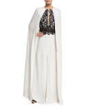 Lace-Bodice Front-Slit Cape Gown, White/Black