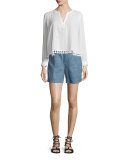 Boxy Pintucked Tassel-Trim Cotton Top, Soft White
