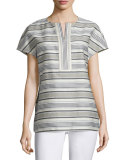 Lula Short-Sleeve Striped Blouse, Mica/Multi