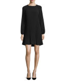 Long-Sleeve Plisse Shift Dress, Black