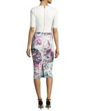 Darcele Luminated Bloom Floral-Print Belted Sheath Dress, White/Purple