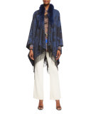 Paisley Fringe Cape with Fur Collar, Navy