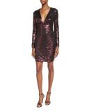 Long-Sleeve Sequin Grid Sheath Dress, Raisin