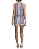 Tyra Sleeveless Drawstring-Waist Romper, Cobalt Blue Combo