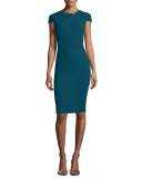 Cap-Sleeve V-Back Sheath Dress, Petrol Blue
