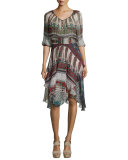 3/4-Sleeve V-Neck Scarf Dress, Folk