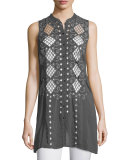 Sleeveless Button-Front Diamond-Eyelet Tunic