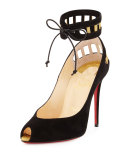Neotrente Caged Peep-Toe Red Sole Pump, Black/Gold