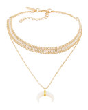 Layered Choker Necklace w/ Shell Horn Pendant, Golden/White