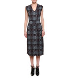 Sleeveless V-Neck Plaid Sheath Dress, Mink Black