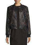 Floral Leather Lace Bomber Jacket, Black/Pink