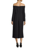 Off-the-Shoulder Crepe Wide-Leg Jumpsuit, Black