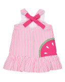 Sleeveless Striped Seersucker Sundress w/ Watermelon Bag, Pink, Size 2T-6X