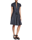 Short-Sleeve Fit-&-Flare Dress, Indigo