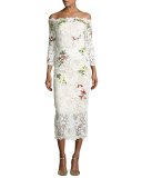 Floral Lace Off-the-Shoulder Midi Dress, White/Multi