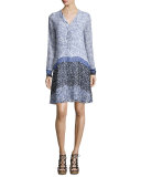 Long-Sleeve Tie-Neck Floral-Print Silk Dress, Blue/Multi