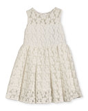 Sleeveless Embroidered Pleated Dress, White, Size 8-16