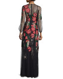 Long-Sleeve Embroidered-Floral Dress, Black