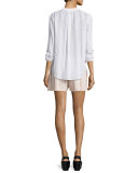 Shirred-Stripe Cotton Popover Top, Optic White