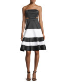 Simona Strapless Satin Cutout Dress, Black/White