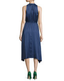Sleeveless Shirred Satin Midi Dress, Gray Blue