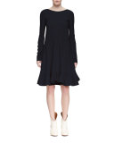 Long-Sleeve Flounce-Hem Dress, Navy