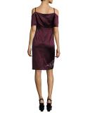 Embroidered Cold-Shoulder Silk Satin Dress, Wine/Multicolor