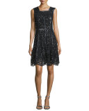 Sleeveless Sequined Lace A-Line Dress, Black