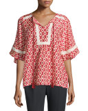 short-sleeve ikat-print crochet-trim top, red chestnut/multi