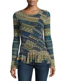 Long-Sleeve Striped Ruffled Tulle Top, Blue Pattern