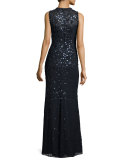 Floral-Sequin Sleeveless Jewel-Neck Gown, Dark Navy