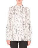 Vine-Print Long-Sleeve Blouse, White/Black