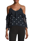 Polka Dot Spiral-Sleeve Cold-Shoulder Silk Top, Blue/White