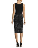 Speckled Tweed Sleeveless V-Neck Dress, Black/Ivory