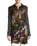 Floral Silk Shirt Coat, Black/Multi