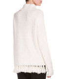 Front-Slit Fringe-Hem Sweater, Off White