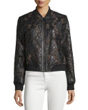 Floral Leather Lace Bomber Jacket, Black/Pink