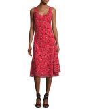 Sleeveless Knee-Length Printed Silk Dress, Red