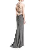 Sleeveless Cross-Back Metallic Column Gown, Silver