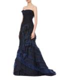 Strapless Ombre Ruffled Gown, Navy