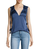 Sleeveless Tassel-Trim V-Neck Blouse, Blue-Gray