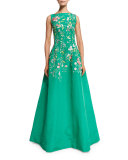 Bateau-Neck Threadwork Embroidered Gown, Clover