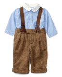 Poplin Shirt w/ Herringbone Pants & Suspenders, Brown/Blue, Size 6-24 Months