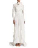 Long-Sleeve Pleated Lace-Trim Gown, Off White