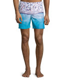 Bulldog Beached Print Swim Trunks, Blue Pattern