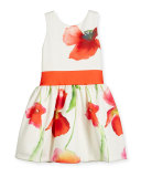 Sleeveless Floral Smocked Ponte Dress, White/Coral, Size 4-6X