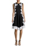 Lace-Applique Fit-and-Flare Dress, Black/White