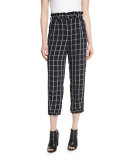 Fritz Cropped Paperbag-Waist Check Pants, Royal