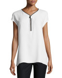 Zelia Short-Sleeve Double-Georgette Silk Blouse, White