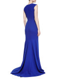 Cap-Sleeve V-Neck Tailored Gown 